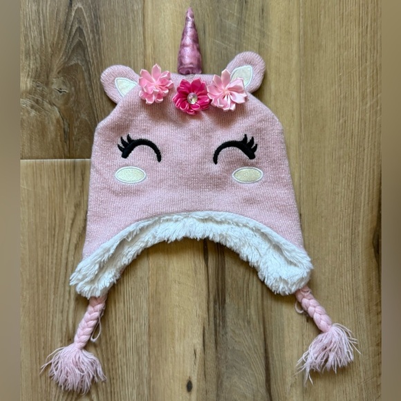Other - Pink Unicorn Knit Hat with Floral Accents